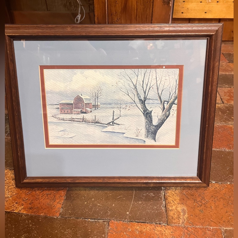 Vintage Framed and matted landscape with barn and trees 1979 rustic farm